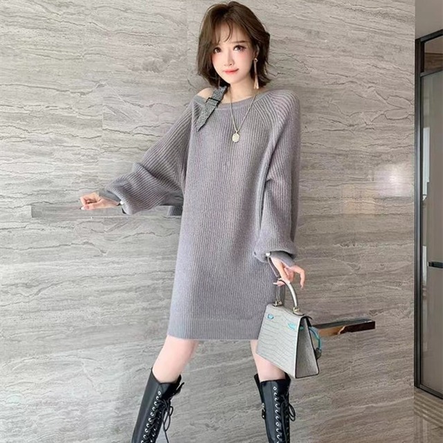 Dress 韓国ファッションゆったり肩見せ無地シンプルニットワンピース N 0632 Nanastyle
