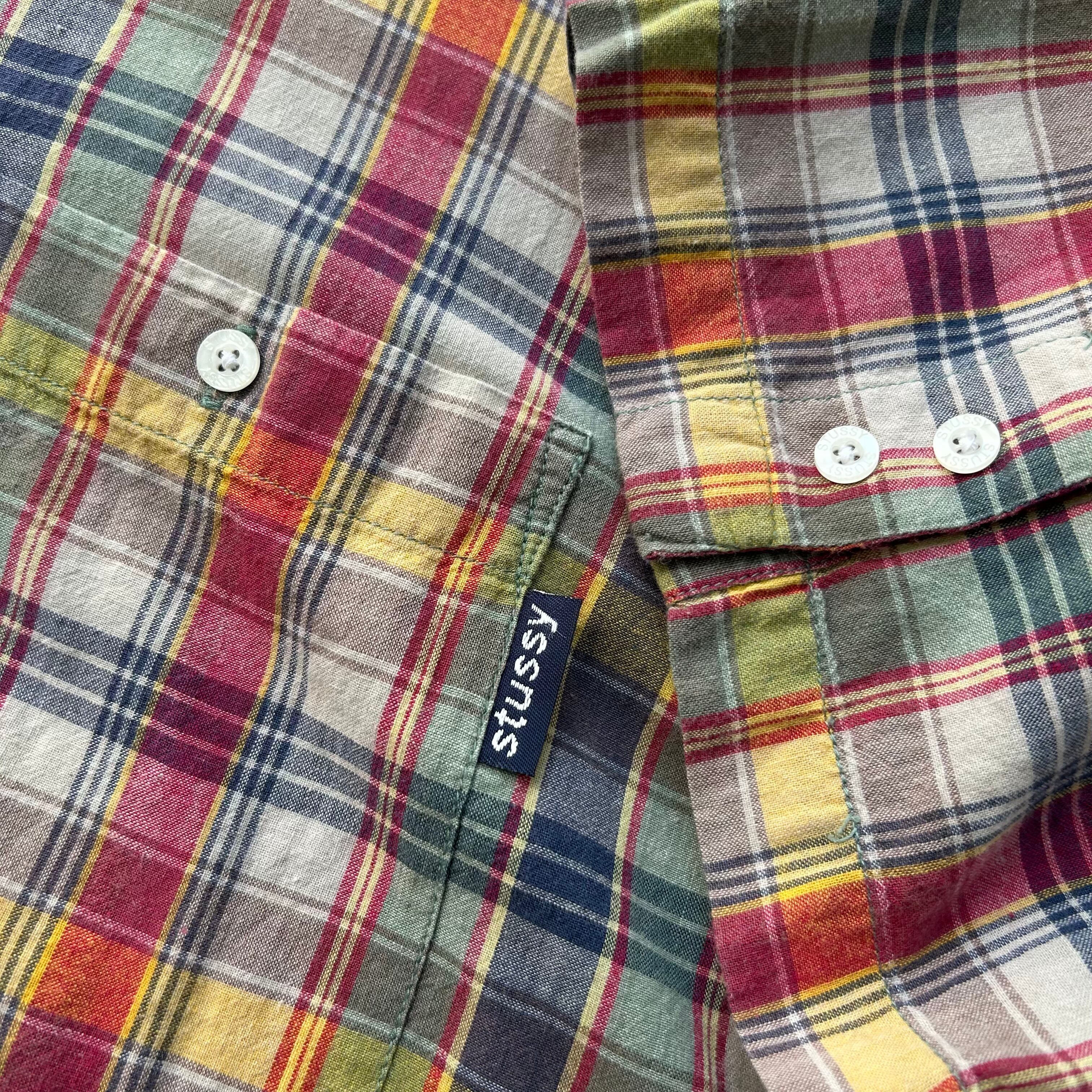 90s old STUSSY check pattern S/S open colour shirt【仙台店 