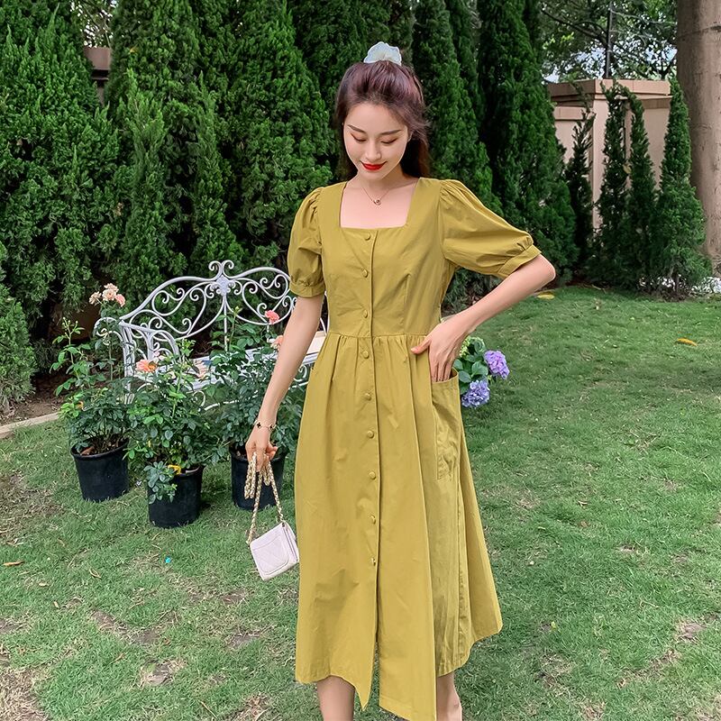 【新作】【送料無料】 マタニティウェア2020夏の新しい綿とリネンのステッチスクエアカラーミドル丈のボタンと授乳付きの小さな新鮮なマタニティドレス-アリババ コットン サマー 夏物 スクウェア expec259191918371
