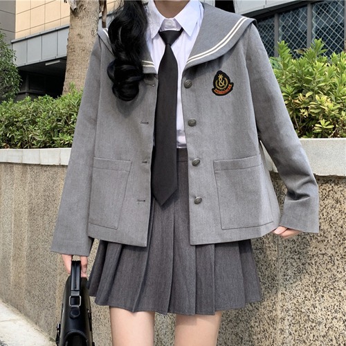 ✞ロリ制服ジャケット襟つき or ネクタイ白シャツブラウス or プリーツスカート グレー ホワイト ブラック✞ゴスロリ SM ミリ 甘ロリ クラロリ 和ロリ エレガント 黒ロリ 姫ロリ 華ロリ BB-BB47471370209