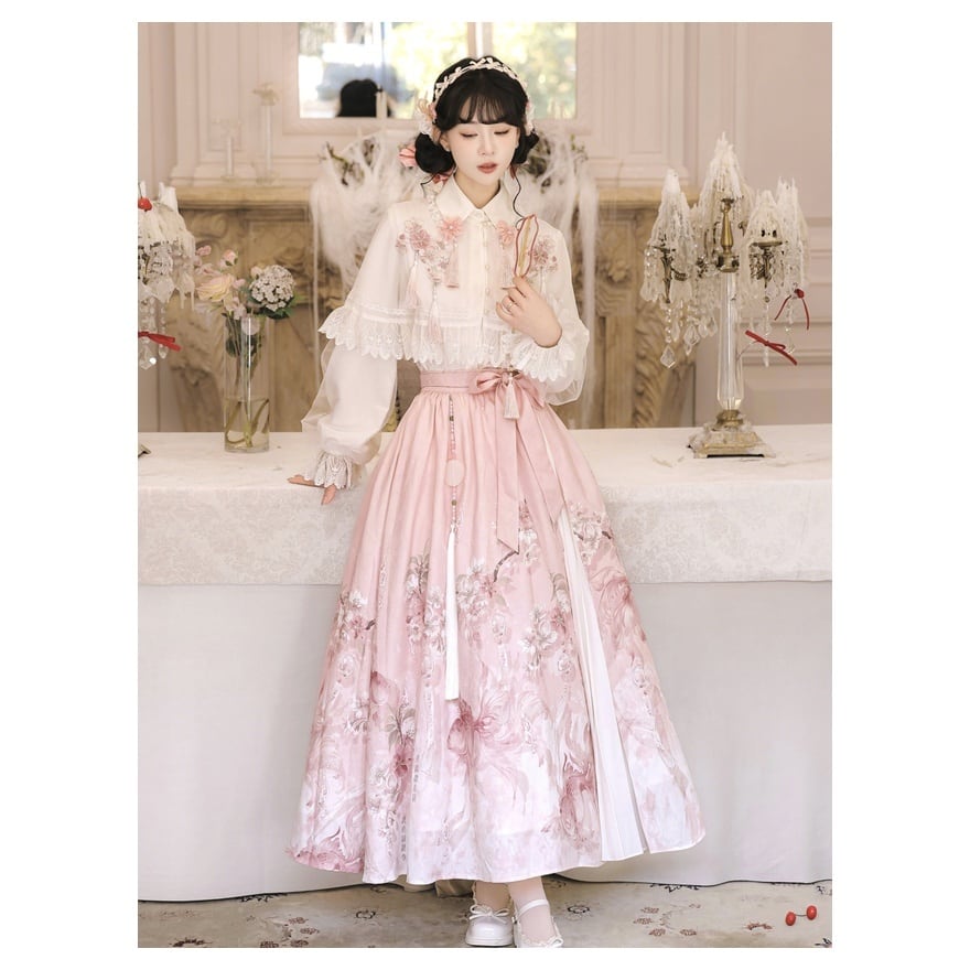 OZZ ONESTE 2025 花霞の夢 ケープ 和チャイナ フリル 桜 ロリ 中華ロリ｜桜雨 漢服風トップス・花柄スカート・ケープ3点セット