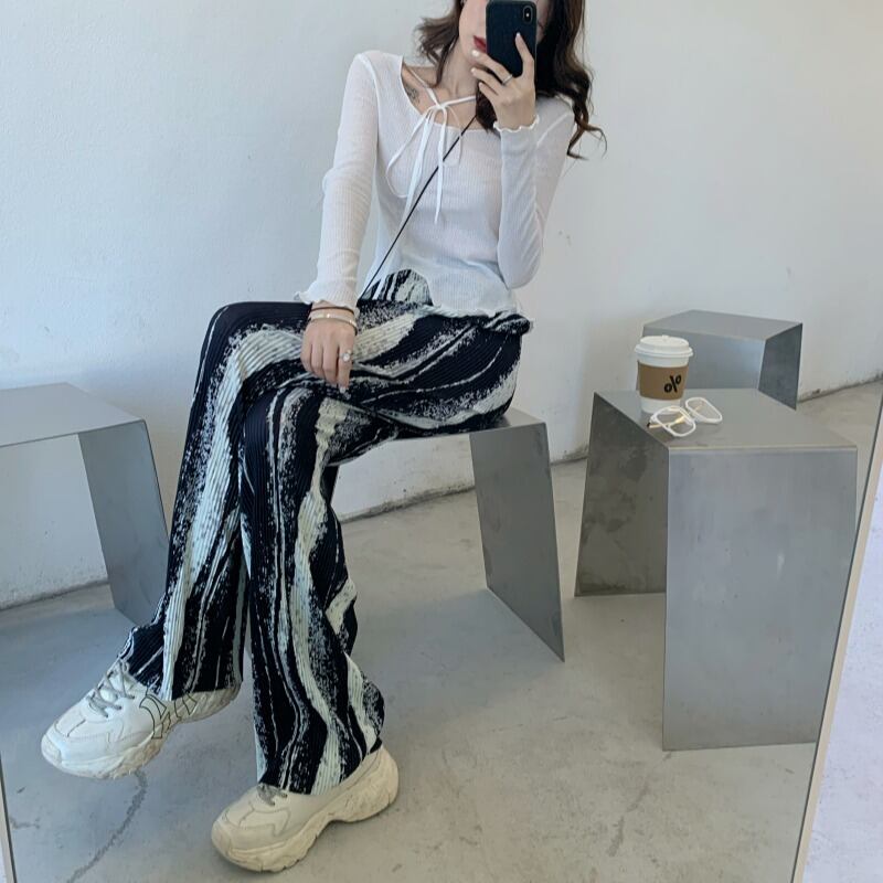 セット レディーススプリング薄手Tシャツ ハイウェストウェストルーズパンツ レース 春物 レースアップ ドラファッションホール12630411067