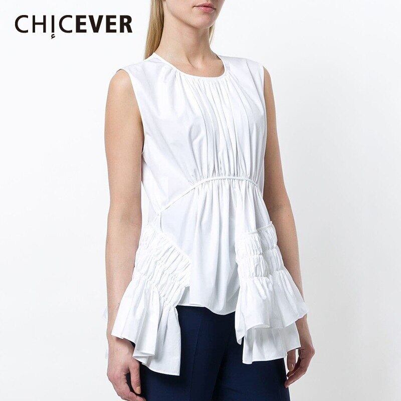 CHICEVERソリッドノースリーブレディースブラウスOネックスリムイレギュラーシャーリングシャツサマーブラウス2020服 夏物 ソリッドカラー 6base548408839759
