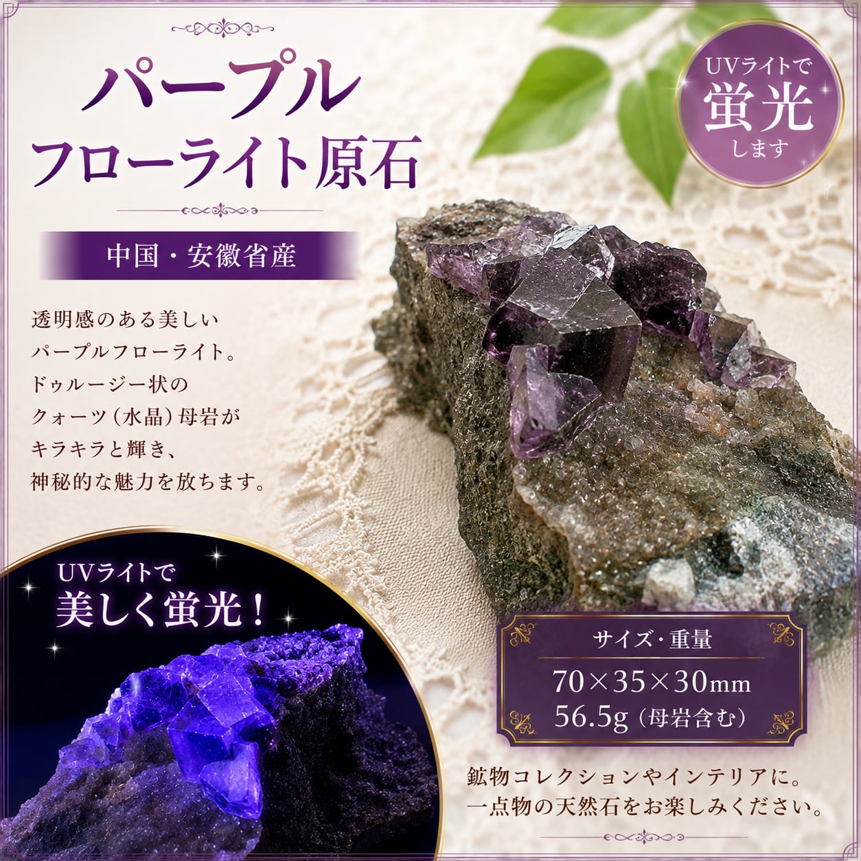 中国・安徽省(あんきしょう)産 パープルフローライト原石|UV蛍光する蛍石・ドゥルージークォーツ母岩付き
