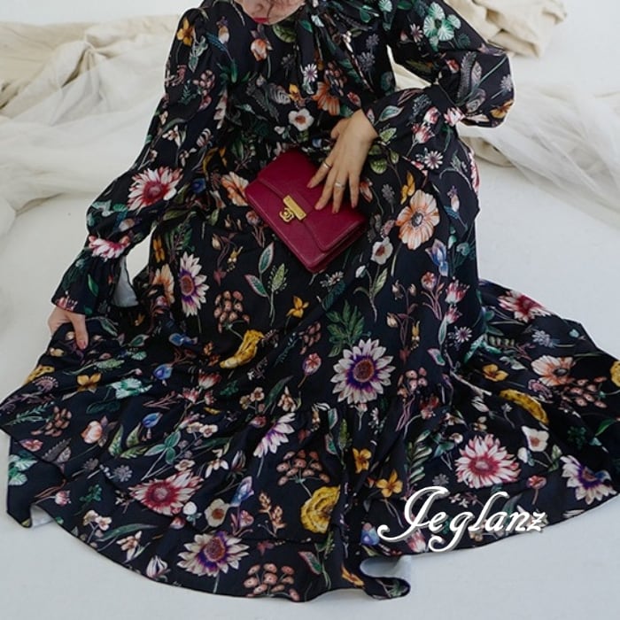 マキシ ティアード ワンピース 花柄 ボウタイ フリル きれいめ 甘盛り(M5755)γα