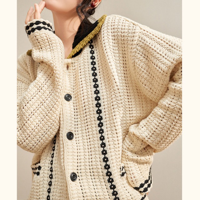 Ecru Crochet Floral Stripe Knit Cardigan　S0261