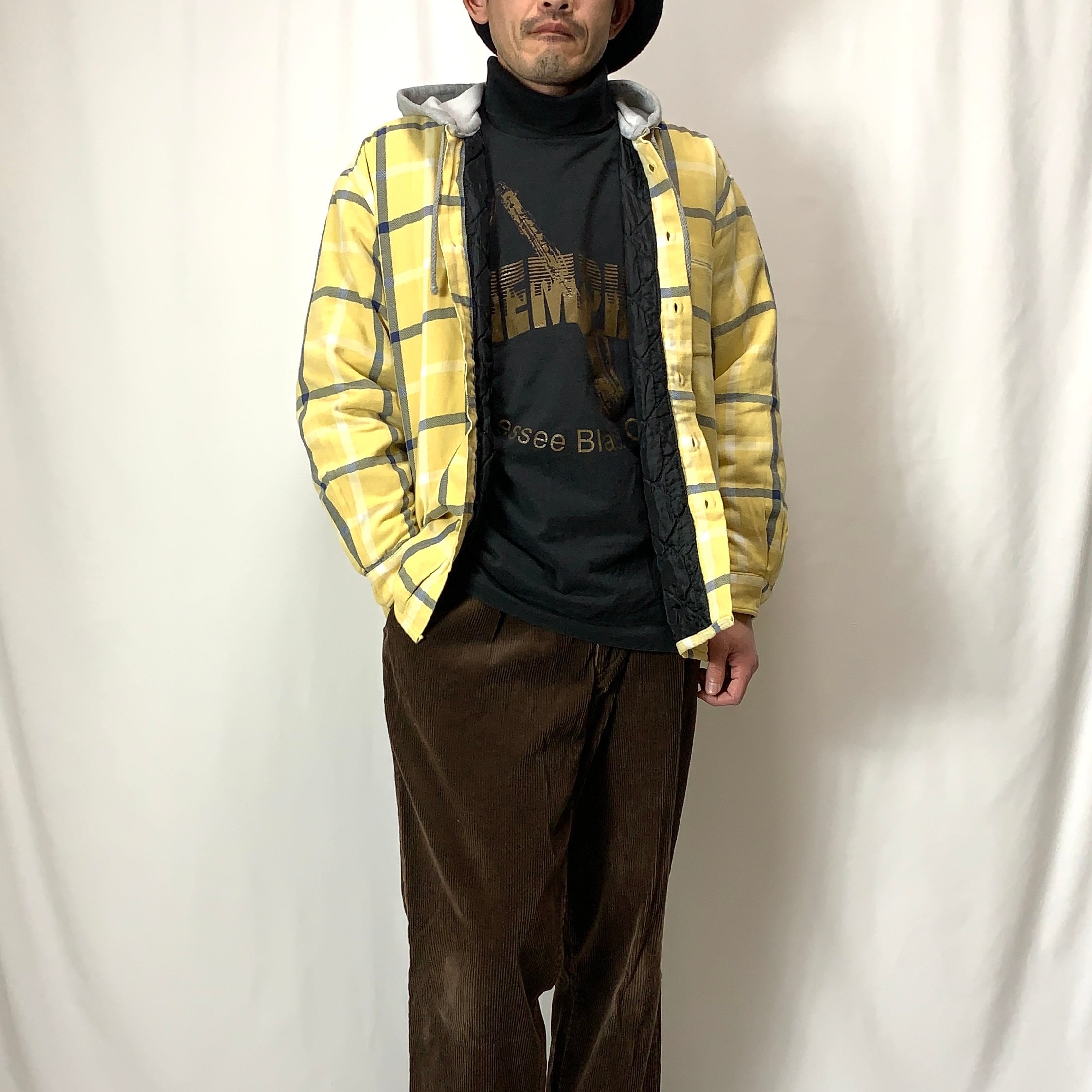 vintage old 90s CLASSIC フード付き裏キルトフランネルシャツ チェックシャツ メンズ レディース SIZE XL  イエロー×ブルー×ホワイト ビンテージ ヴィンテージ