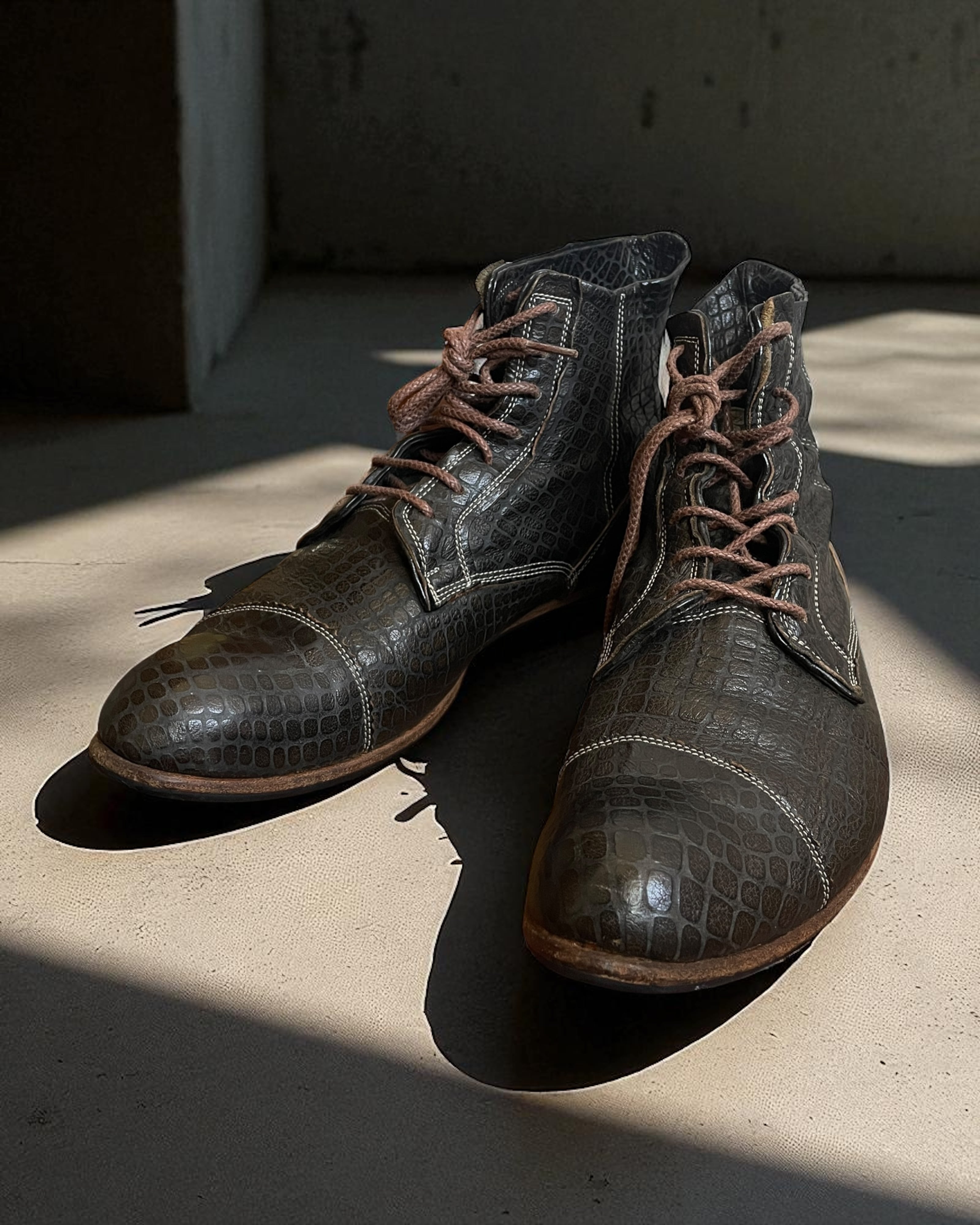 Mihara Yasuhiro Crocodile Embossed Lace-Up Boots
