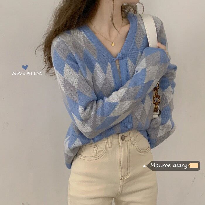 スタイルスタンダード格子柄セーター ジャケット レディースVネックニットカーディガンスプリングショートトップス ロング レトロ 春物 モンロー98387299675