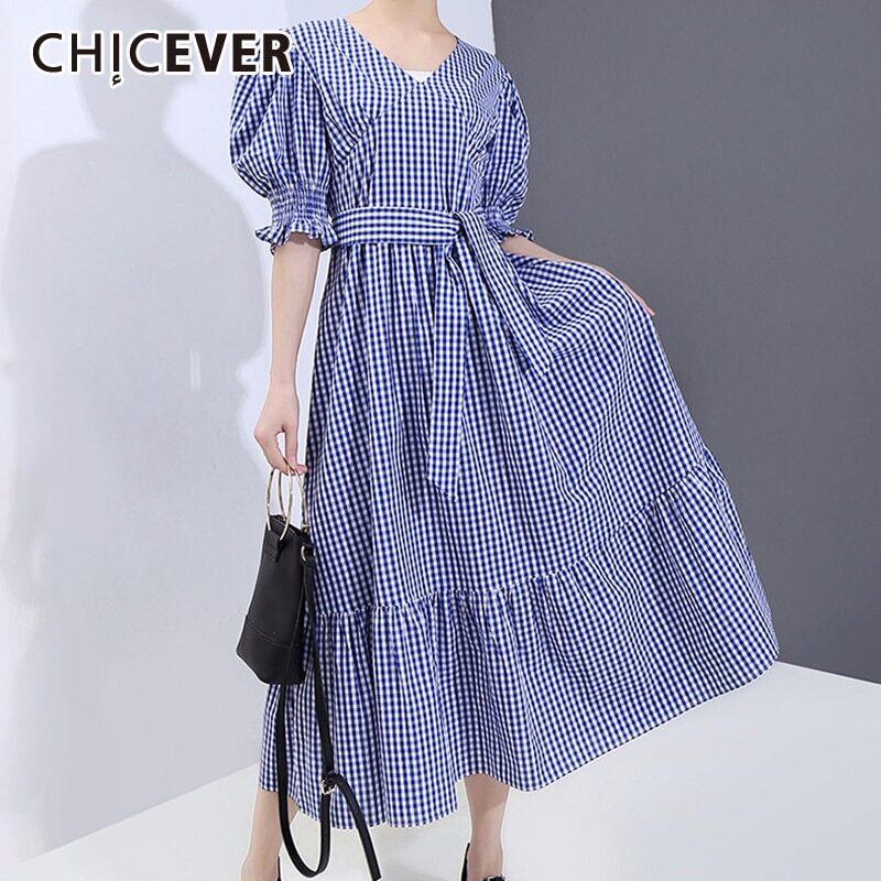 CHICEVERチェック柄レースアップドレスレディースパフスリーブVネック半袖ウエスト特大ミディドレス洋服2020 ショート ハーフスリーブ 6base5692490440