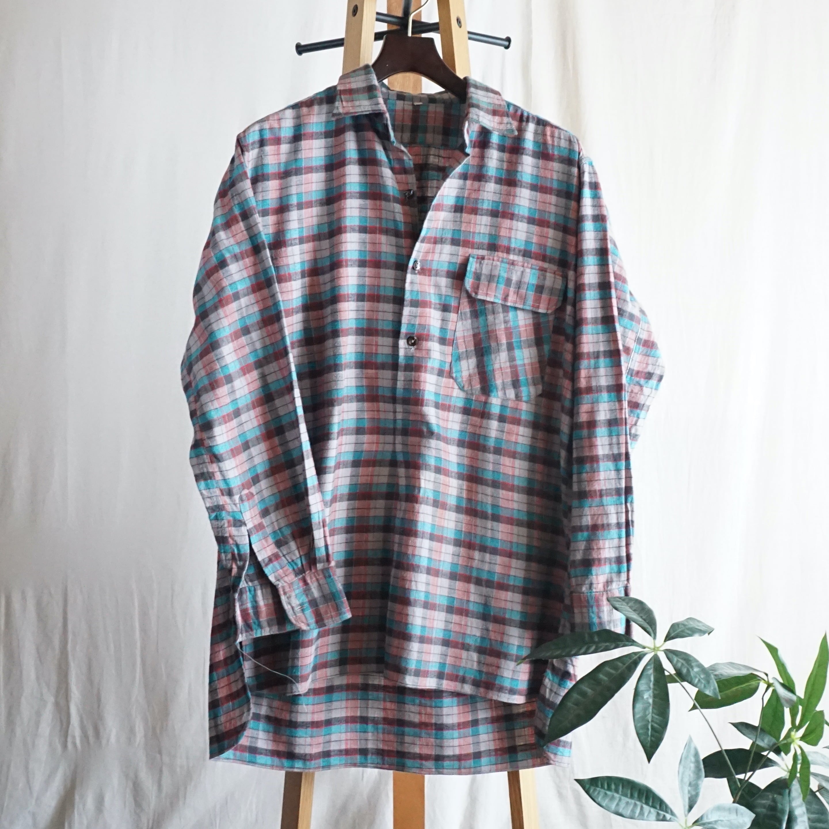 France ヴィンテージ フランス チェック柄 グランパシャツ 長袖 30-40s France Vintage Blue Checked Cotton Granp