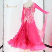 社交ダンス 衣装 スタンダードドレス ワンピース ドレス フロート レース デモ 競技 ダンス パーティ 発表会 ピンク 豪華 ゴージャス 華やか フリル 花 ピンク系 鮮やか 色味 ふんわり デザイン 競技用 ダンス衣装