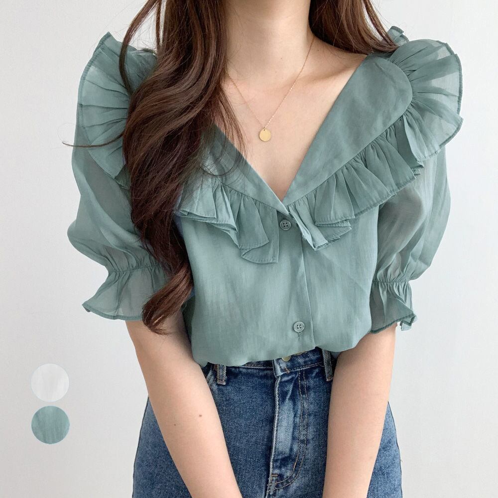 オフィスカジュアル フリル トップス 夏