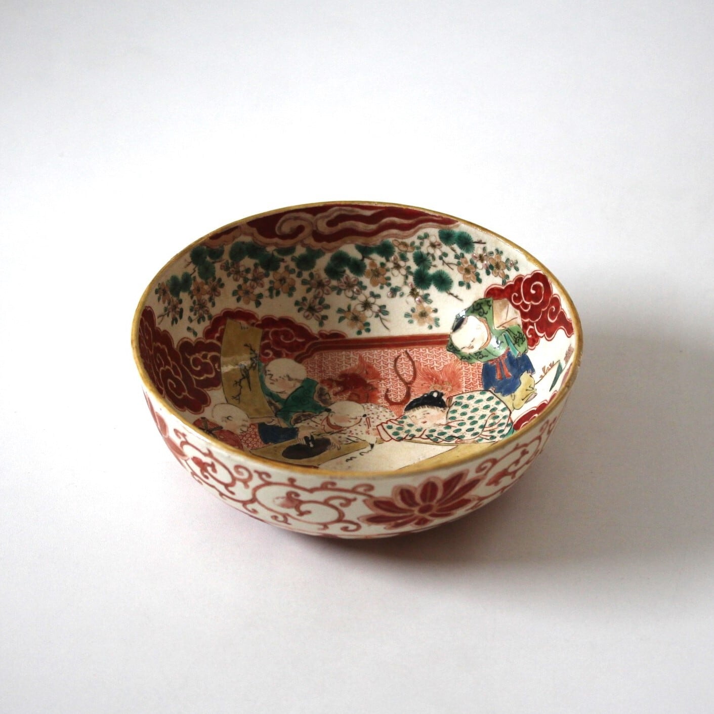 九谷庄三唐子書初図鉢 d18.9cm Kutani Enameled Bowl, Design of