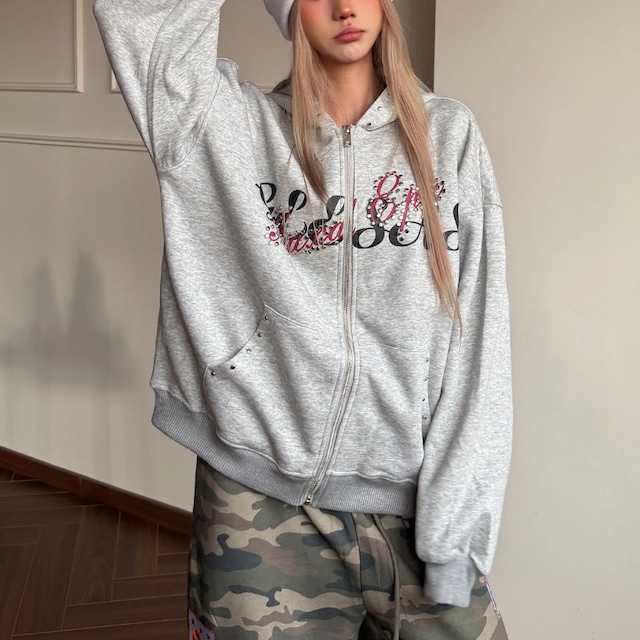 studded lettering zip-up hoodie スタッズレタリングジップパーカー　J2117