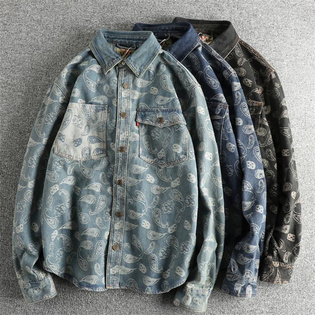 Yarn-Dyed Paisley Long-Sleeve Denim Shirt(GV512)