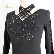 社交ダンス 衣装 prima boutique プリマブティック ドレス ワンピース ブラック系 伸縮 ストレッチ 黒 ラインストーン キラキラ シンプル 上品 かわいい ダンス衣装 イベント ステージ パーティー 練習 レッスン おしゃれ レディース
