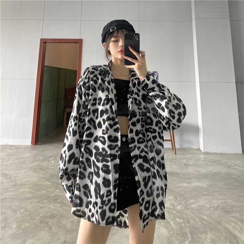 スタイルレオパードシャツ カジュアルトップス ルーズ薄手シャツ ロング ストリート かわいい ケッペル64643633780
