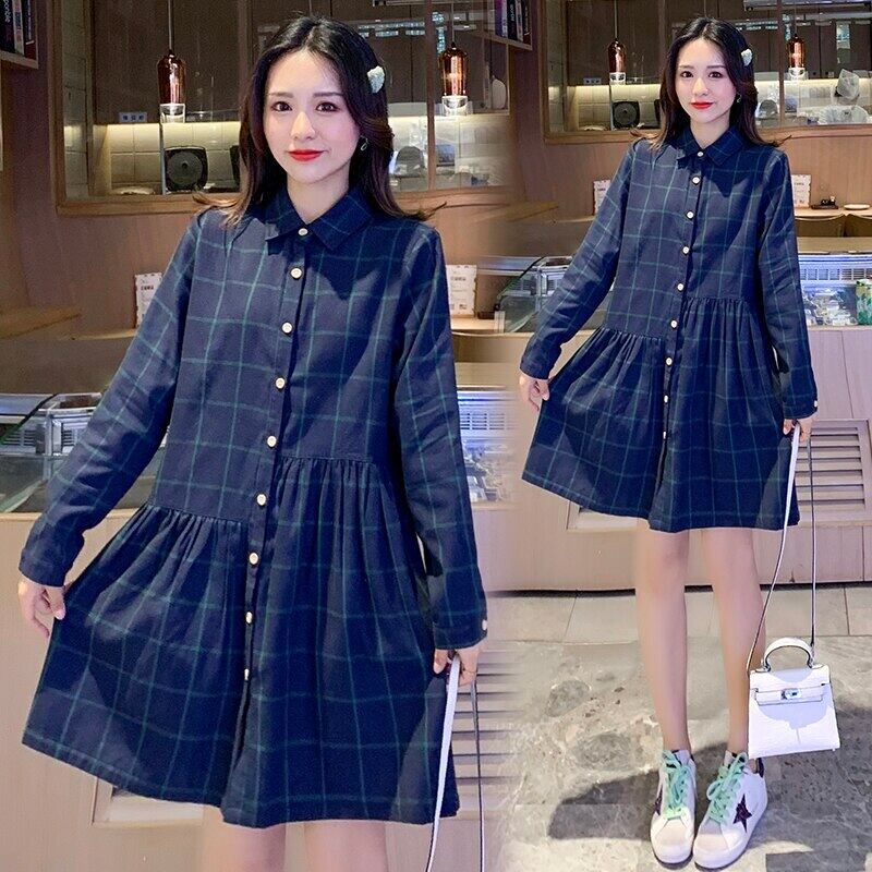 【新作】【送料無料】 6605＃マタニティドレス春秋コットンチェック柄ターンダウンカラー長袖ルーズスタイリッシュドレス妊婦 ロング スプリング 春物 オータム 秋物 AL expec371337549199
