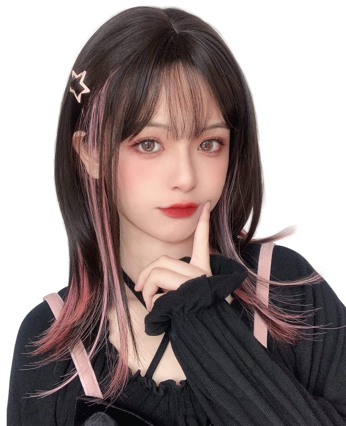 人気商品】ネット付き 自然 小顔 ツートンブラックピンク 女性 