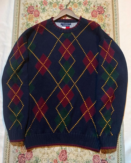 90's Tommy hilfiger "Jacqurd argyle & birds-eye "  sweater【L】