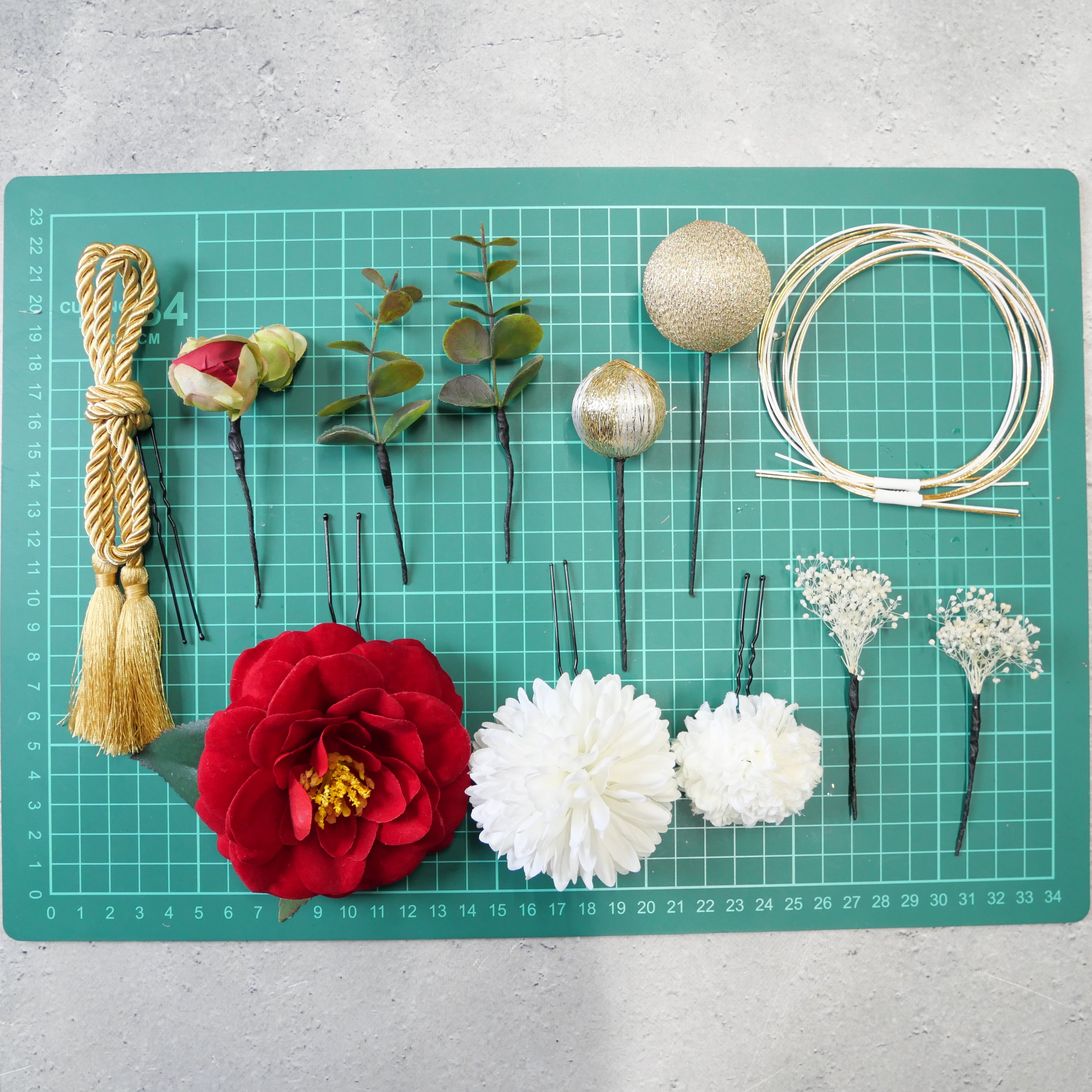 A040 赤 椿の髪飾り 水引 リボン ドライフラワー 成人式 卒業式 和装