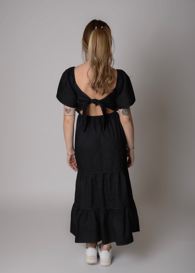 Bella Back Ribbon Denim One-piece - Black