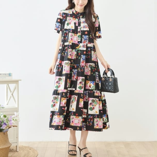 マキシワンピース ポップ イラストコラージュ スタンドカラー N82-707 TRUBE M L fmsd 半袖 上品 ゆったり 体型カバー きれいめ ミセス 春夏 エレガント