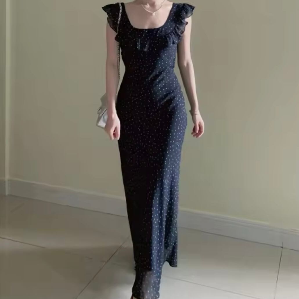 ドット柄バックリボンワンピース