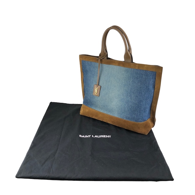 Yves Saint Laurent イヴ・サンローラン ハンドバッグ インディゴ×ブラウン YSL キャンバス×スウェード トートバッグ vintage ヴィンテージ オールド tgpnxk