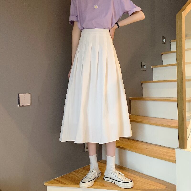 ホワイトスカート サマーAラインプリーツ薄手ハイウェストウェストブラック 夏物 1号婦人48783018935