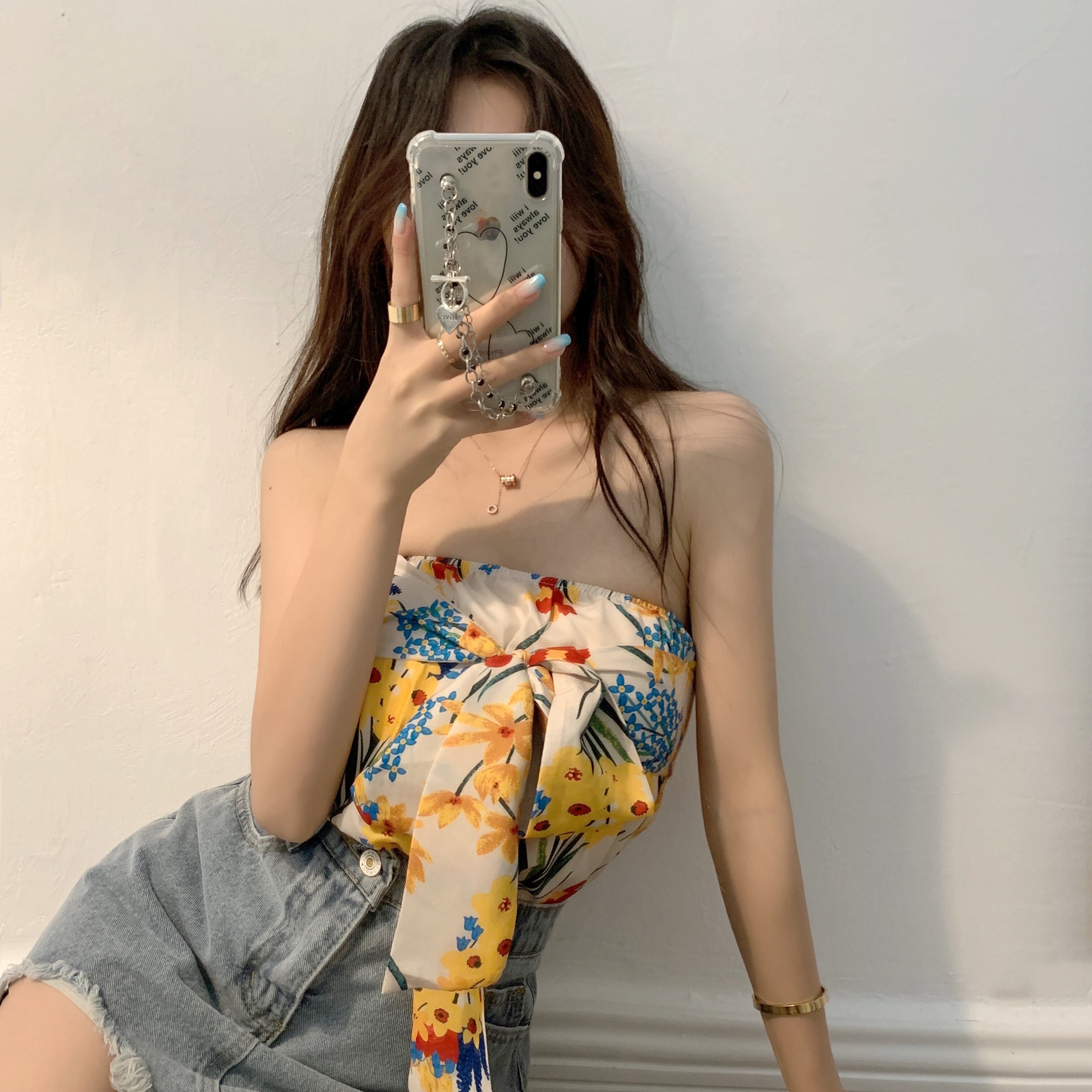 フローラルトップス サマーストラップ スリムホルタースタイル 夏物 花柄 クレセントシティ65725612788