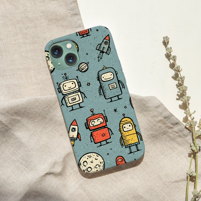 受注生産 iPhoneケース レトロロボットの宇宙柄｜SFポスター風 RFSP046A