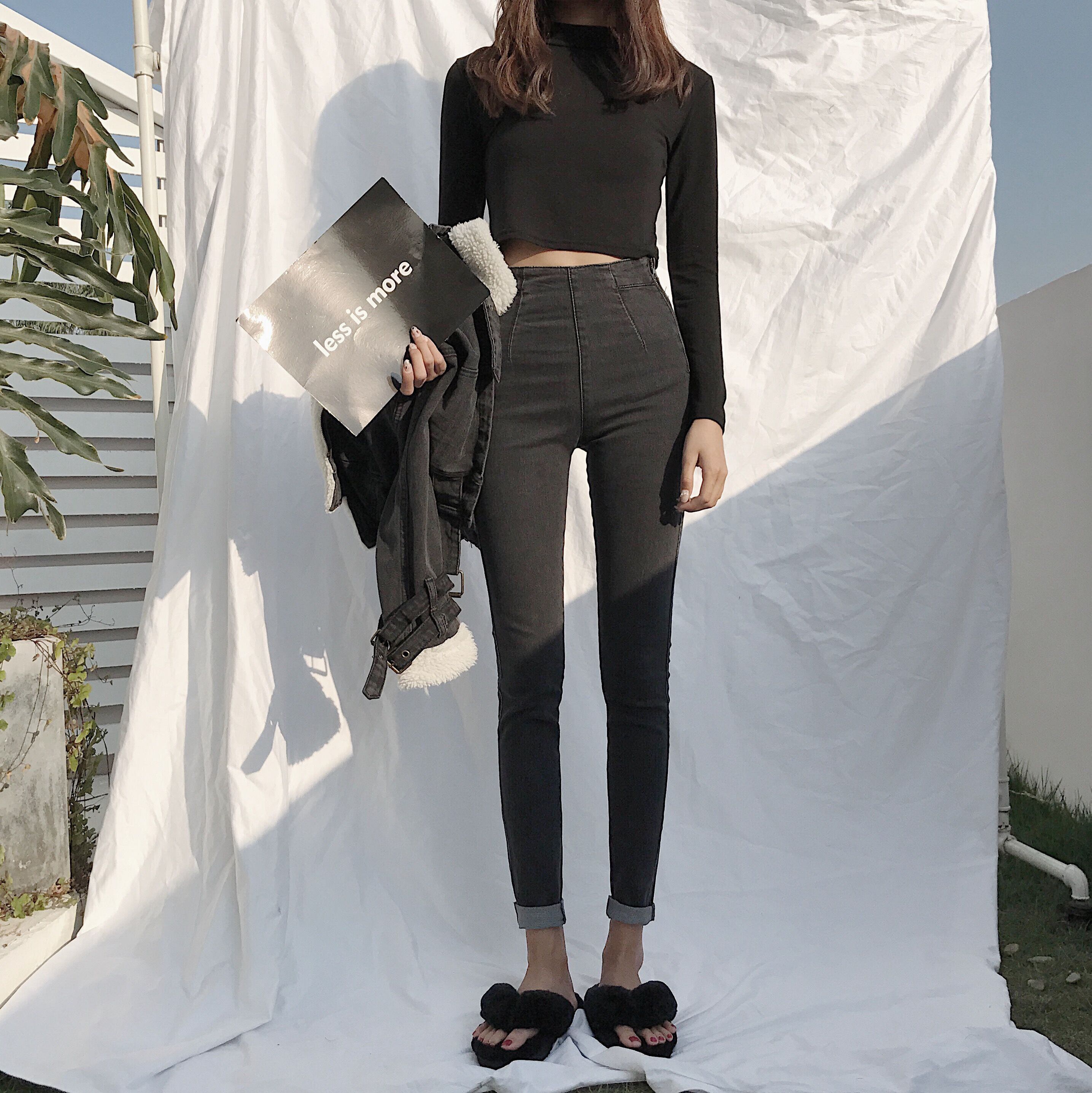 サイドジッパージーンズ レディーススリム薄手ハイウェストパンツ オータム 秋物 ウィンター 冬物 クレセントシティ24925703601