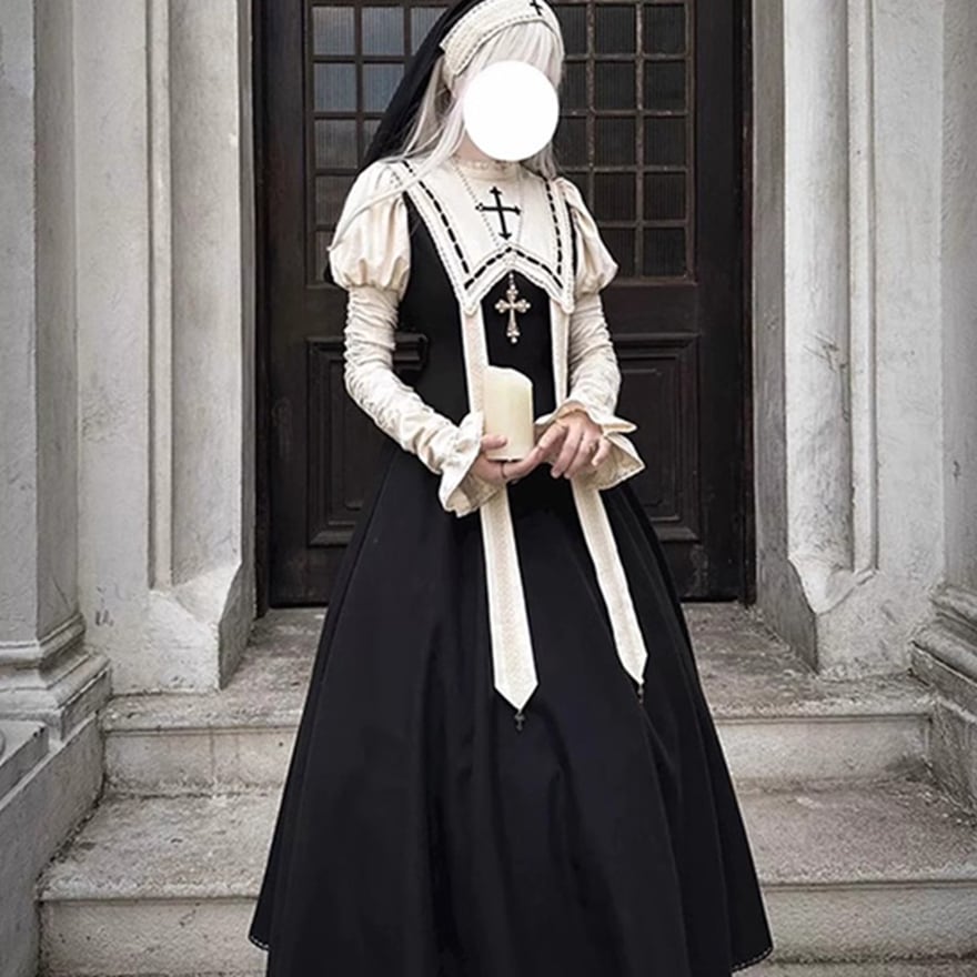 ワンピース シスター 長袖 エレガント 十字架 ベール付属 ゴスロリ