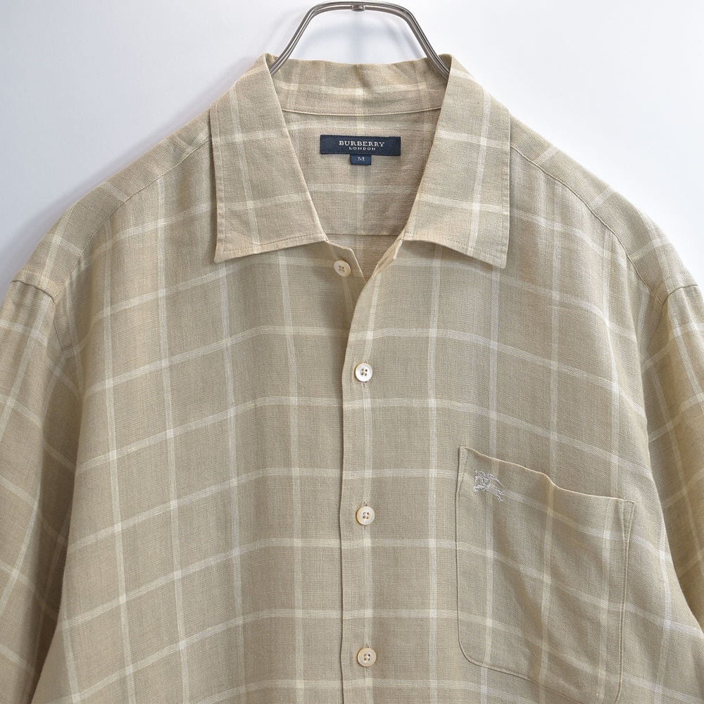 90s~ 日本製 BURBERRY LONDON バーバリーロンドン ウィンドウペン チェック ヴィンテージ 半袖シャツ  麻 リネン ベージュ ロゴ 刺繍 ビンテージ 古着 メンズMサイズ