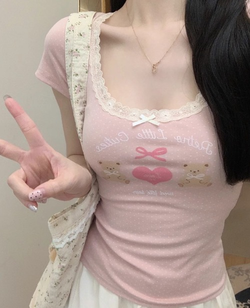 3色/レースネックドットプリントTシャツ ・78621