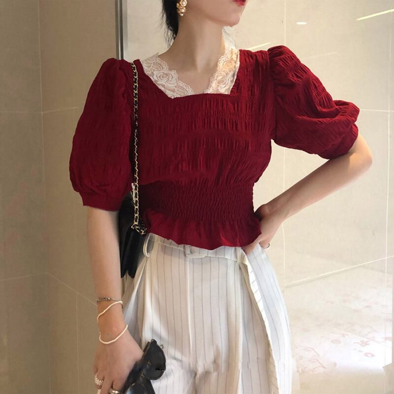 レースカラートップス レディースサマーショートハイウェストウェスト薄手スリーブプリーツシャツ 夏物 スクウェア ステッチ ビッグFスモールZ韓国8559138306