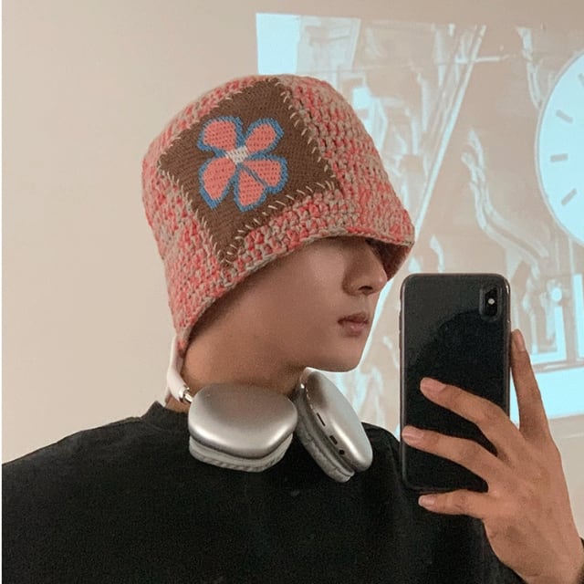 予約販売】ニット帽 メンズ ざっくり編み 花柄 ブラック/グレー/ピンク