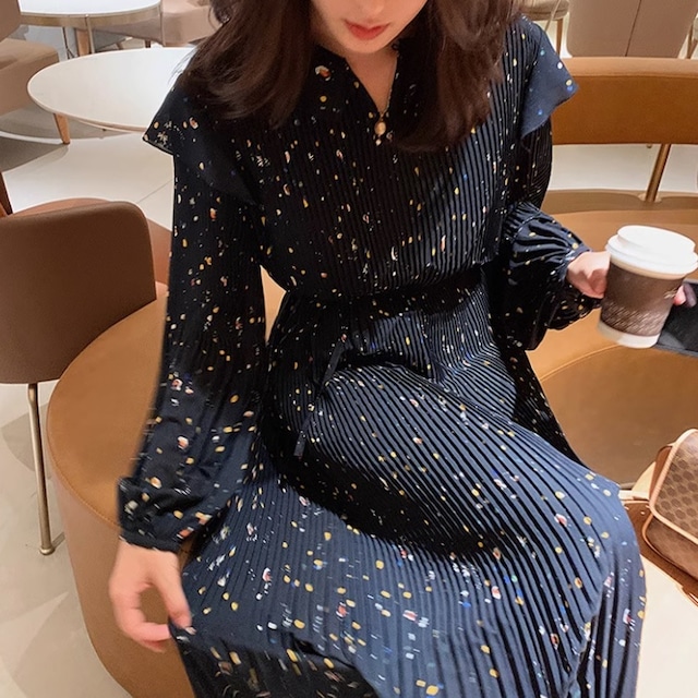 original print pleated long one-piece<d2174>