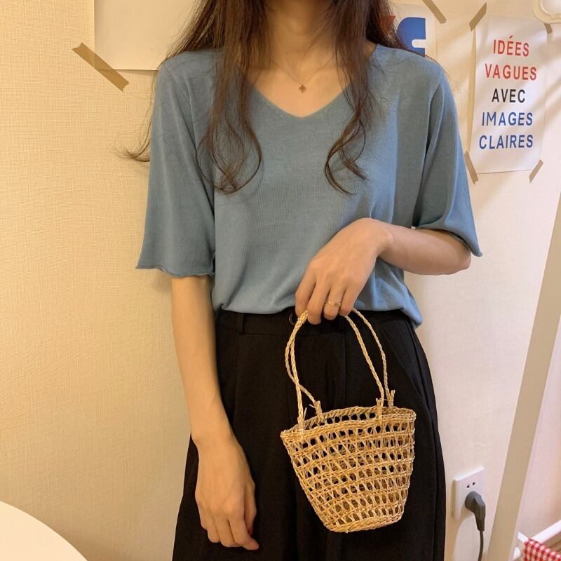 2020年夏の新バージョンのネットレッドVネック薄ニット半袖Tシャツレディース薄白ボトミングシャツ 1号婦人78239053651