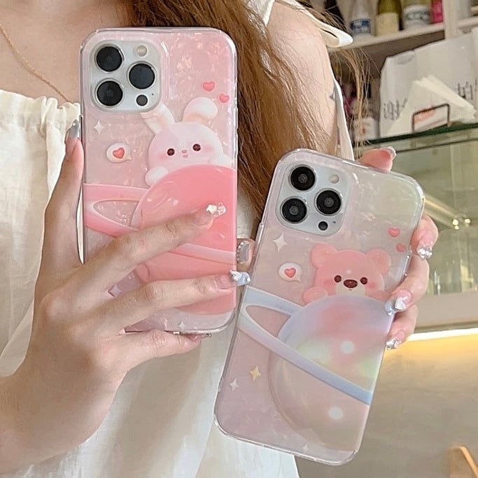 iPhoneケース ピンク うさぎ バニー ラビット クマ 宇宙 惑星 イラスト かわいい ガーリー 甘め 韓国 スマホケース