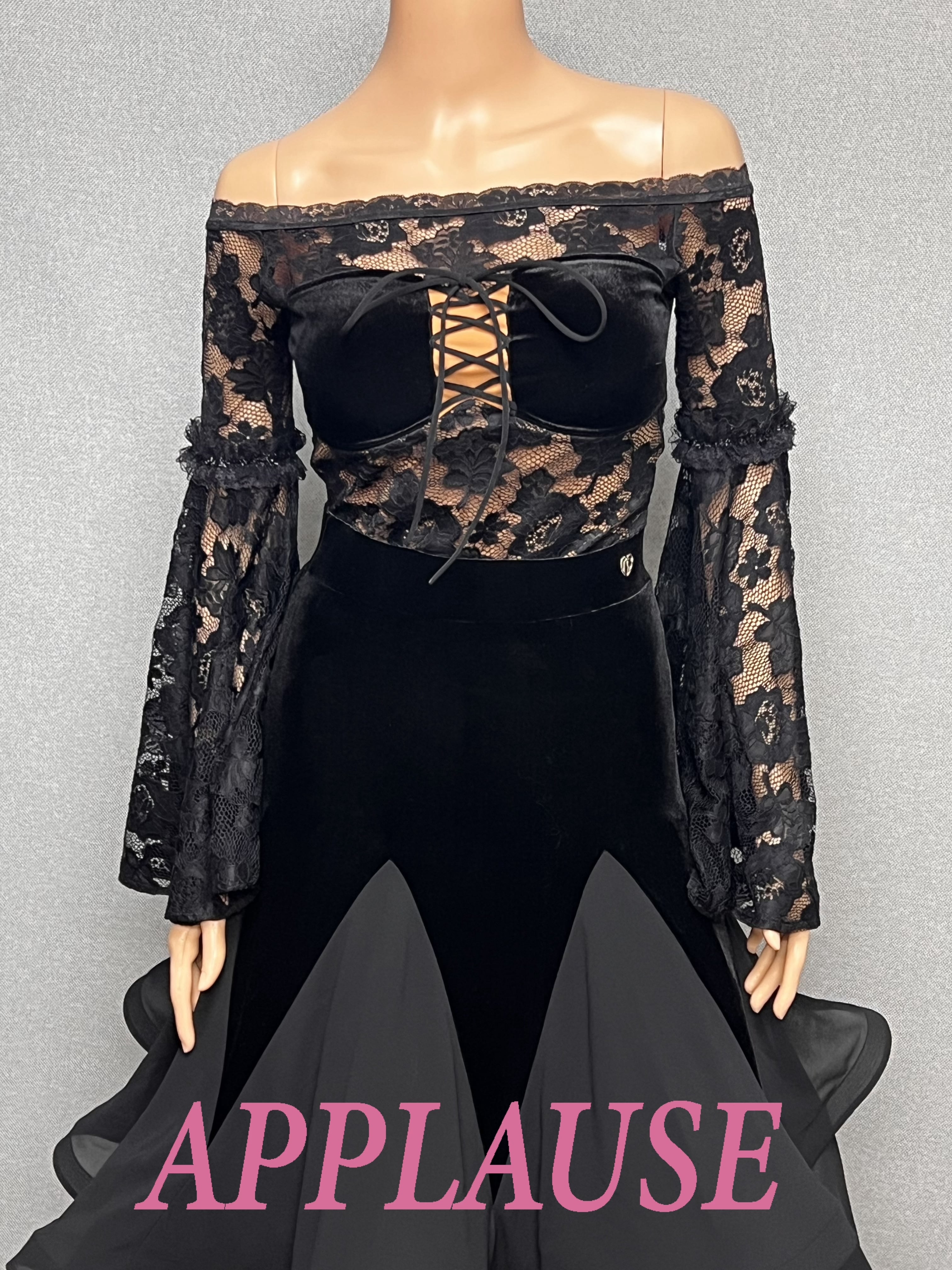 【新着】社交ダンス ドレス 　スタンダード 　モダンド レス 　ブラック　セットアップ（ベルベット＆レース） M　 ST-25-25＆ 26 　デモ・競技用ドレス 　発表会衣装 　パーティドレス 　ワンピース 　舞台衣装