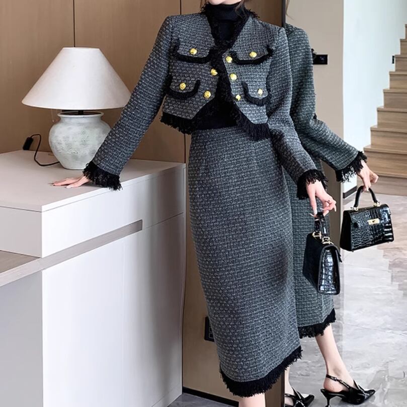 2点セット】フリンジツイードジャケット＋バックスリットスカート  