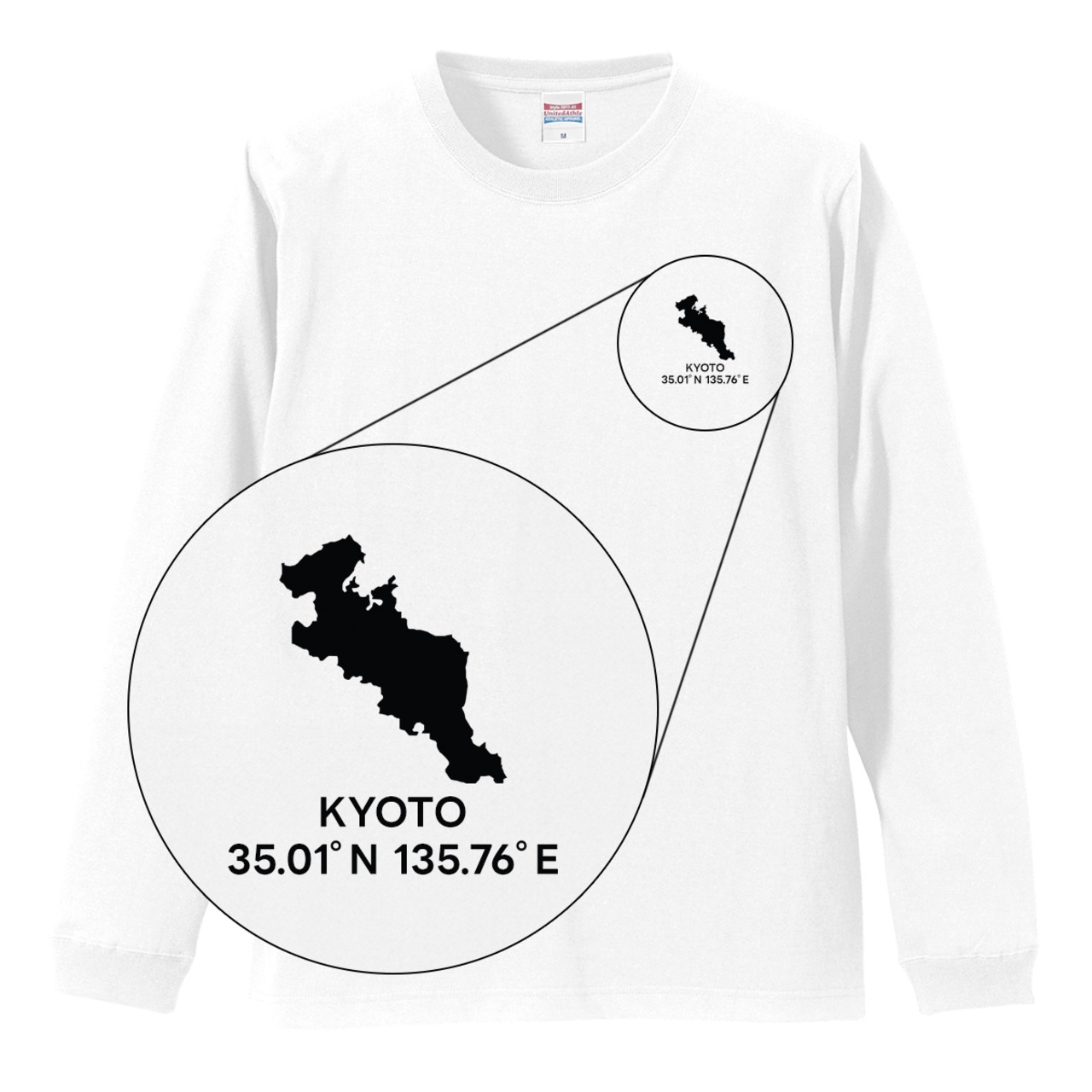 《京都》 緯度経度ミニマルロングスリーブTシャツ|地図×地名×ワンポイントデザイン