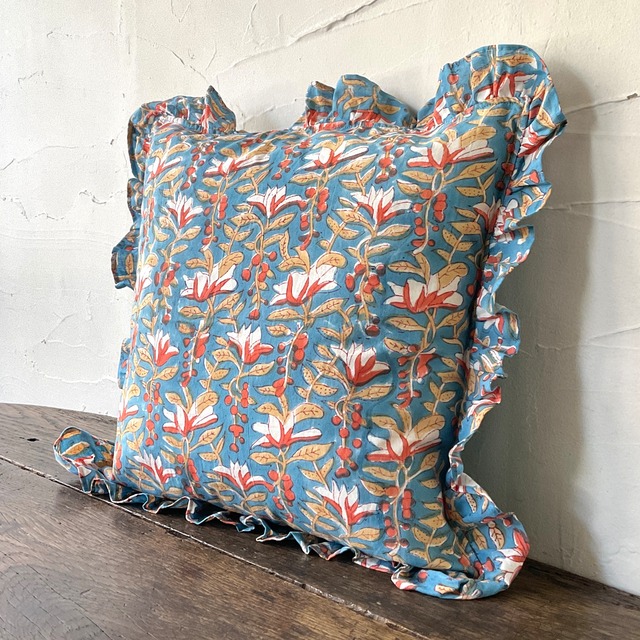 ブロックプリントフリルクッションカバー(ターコイズ)