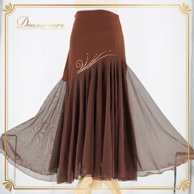 社交ダンス 衣装 スタンダード スカート レッスンウェア ICHIOKU イチオク 練習着 ブラウン系 ラインストーン 茶色 レース シンプル 上品 踊りやすい フレア スカート レディース おしゃれ かわいい 高級感 大人の女性用 ゴムウエスト おすすめ ダンスウェア ルックスアップ エレガント 光沢感 動きやすい スポーツ フェミニン