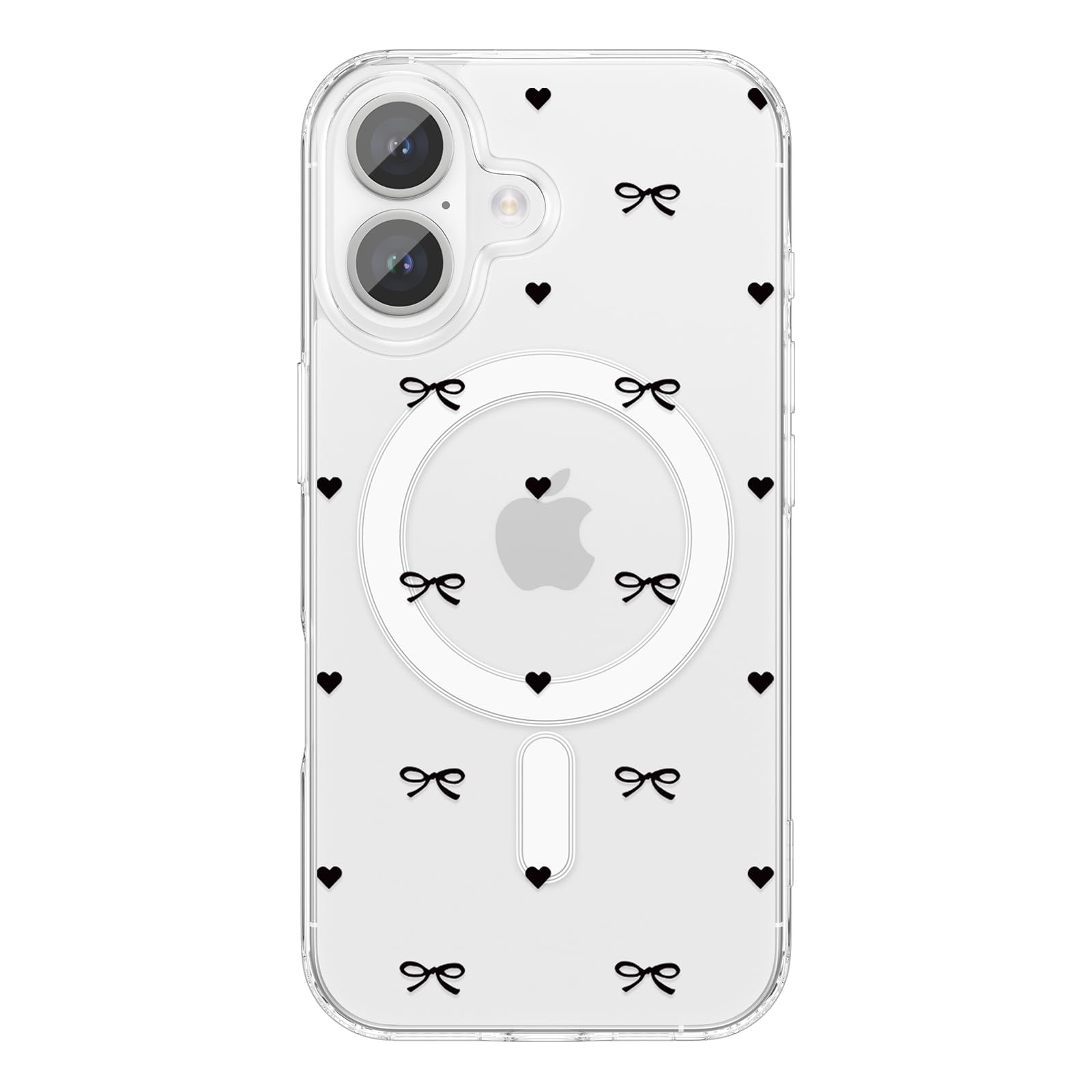 ZTOFERA iPhone 17 用 ケース クリア (6.3インチ) MagSafe対応 可愛い リボン 蝶結び アイフォーン 17 カバー 米軍規格 黄変防止 耐衝撃 TPUバンパー マグネット搭載 ワイヤレス充電対応 指紋防止 高耐久性 軽量 いPhone17 透明スマホケース (黒いハート&蝶結び)
