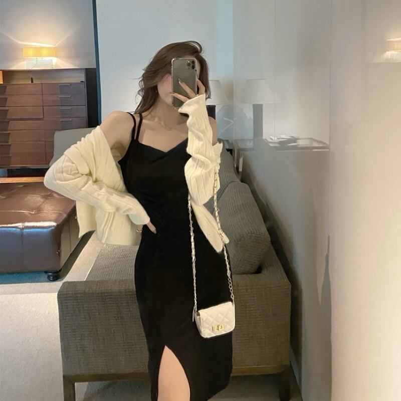 秋のスーツの女性2020新しいセクシーなスリムなスリングドレス優しいニットカーディガンツーピース気質 ドラファッションホール74735781361