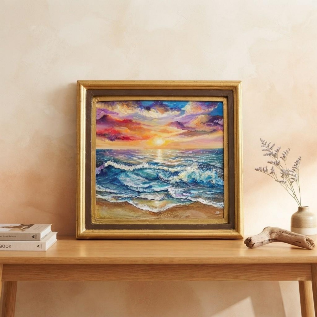 絵画 油絵【輝き満ちる海の夜明け】玄関やリビングの彩りに インテリア